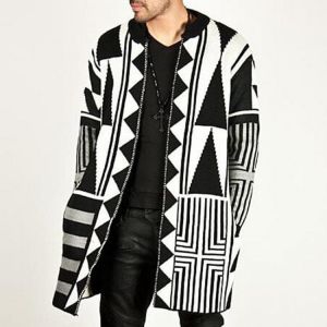 Mens Black White Patchwork Mid Long Style Fashion Casual Knit Cardigans
