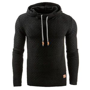 Men Warm Jacquard Hooded Sweatshirts Casual Solid Color Long Sleeve Sport Hoodies