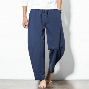 Collection for man בגדי גברים Men&#039;s Loose Wide Leg Pants Solid Color Casual Baggy Breathable Cotton Harem Pants