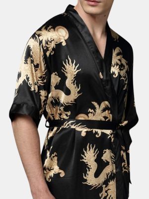 Mens Plus Size Retro Luxury Stain Japanese Kimono Chinese Dragon Ice Silk Sleepwear Robes