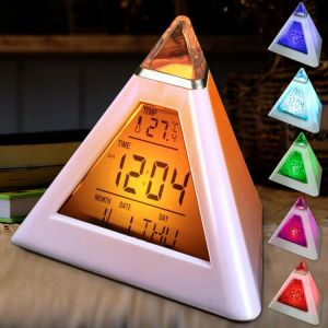 Collection for man מוצרי חשמל ואלקטרוניקה Pyramid Shape Digital Alarm Clock With Date Temperature 7 Colors LED Change Backlight
